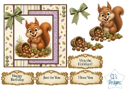 Cute Squirrel & Hazelnuts Card Kit with Decoupage, Autumn Papers, Bow & Sentiments