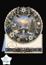 Blue & Gold Winter Village Wreath Card Topper