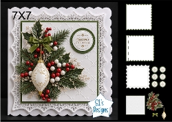 Elegant 7x7 Seasons Greetings Christmas Card Topper with Ornament & Green Bow