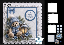 Cute 7x7 Merry Christmas Bear Card Topper with Lantern & Winter Foliage