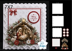 Elegant 7x7 Nativity Merry Christmas Card Topper with Festive Foliage