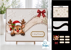 Cute Merry Christmas Reindeer Card Topper with Wavy Borders & Holiday Labels