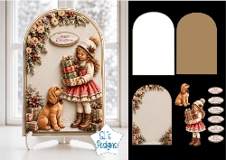 Vintage Christmas Child & Dog Arch Topper with Gifts, Florals & Holiday Labels