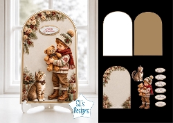 Cute Christmas Child, Cat & Teddy Bear Arch Topper with Florals & Holiday Labels