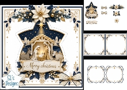 Star‑Shaped Nativity Christmas Card Kit – Gold & Navy Floral Scene