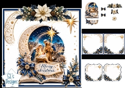 Nativity Christmas Card Kit – Gold & Blue Poinsettias & Holy Family Scene