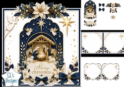 Nativity Christmas Card Kit – Angels, Gold & Navy Poinsettias