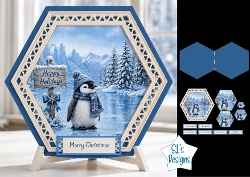 Penguin Winter Scene Hexagon Christmas Card Kit with Festive Holiday Toppers