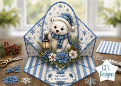 Blue Christmas Bear Topper – Cute Winter Lantern Card with Merry Christmas Label