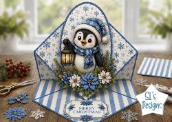 Blue Christmas Penguin Topper – Cute Winter Lantern Card with Merry Christmas Label