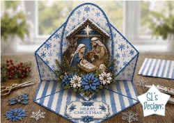 Blue Nativity Christmas Topper – Holy Family Scene with Merry Christmas Label