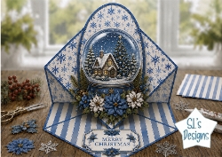 Blue Snow Globe Cottage Topper – Cozy Winter Scene with Merry Christmas Label