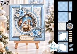 Nativity Scene 7x7 Christmas Card Kit with Blue Snowflake Panels & Floral Toppers