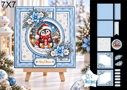 Penguin 7x7 Christmas Card Kit with Snowy Scene & Winter Floral Toppers