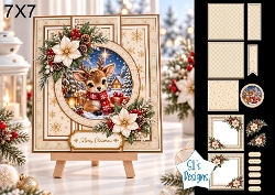 Baby Reindeer 7x7 Christmas Card Kit with Snowy Village Scene & Winter Floral Toppers