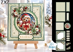 Puppy 7x7 Christmas Card Kit with Snowy Winter Scene & Festive Floral Toppers