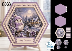 Hexagonal 8x8 Purple Owl Winter Card Kit with Snowy Landscape & Festive Toppers