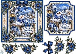 Blue Christmas Snowman • Snowy Village & Winter Florals
