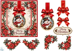 Snowman & Birdhouse • Rustic Merry Christmas Poinsettia Frame