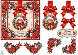 Teddy Bear Santa Ornament • Cozy Christmas Poinsettias & Gifts