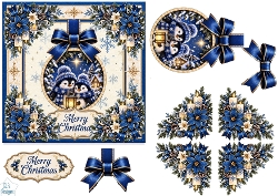 Blue Christmas Penguins • Lantern, Snowy Trees & Winter Florals