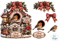 Christmas Birdhouse & Robin • Rustic Winter Florals