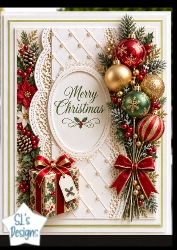 Elegant Christmas Oval Card • Poinsettia, Ornaments & Quilted Pearl Frame