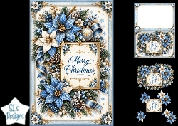 Elegant Blue & Gold Poinsettia Merry Christmas Topper for Cards