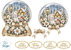 Elegant White & Gold Christmas Snow Globe Cottage Topper for Cards