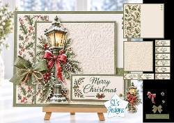Vintage Christmas Street Lamp Card Kit with Holly, Pinecones & Festive Greetings