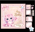 Cute Fairy Kitten Birthday Card Kit with Pink Wings, Balloons and Sparkly Pastel Decor