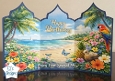 Tropical Beach Paradise Tri‑Panel Birthday Card Topper with Parrot & Flowers