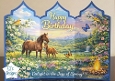 Spring Horses Meadow Tri‑Panel Birthday Card Topper with Foal & Flowers