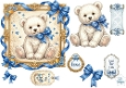 Vintage Teddy Bear & Blue Bow Card Topper