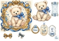 Vintage Teddy Bear & Blue Bow Card Topper