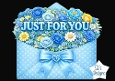 Blue Polka Dot Floral Envelope Card Topper with Bow, Gem Heart and Just For You Sentiment