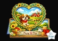 Cute Farm Puppy Heart Frame Topper – Sunflowers, Barn Scene & Rustic Country Card Front