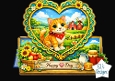 Cute Farm Cat Heart Frame Topper – Sunflowers, Barn Scene & Rustic Country Card Front