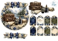 Vintage Travel Suitcases & Mountain Scenic Topper with Blue Floral Tags