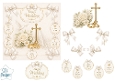 Elegant Wedding Symbols Scene with Rings, Cross, Dove & Sentiment Tags