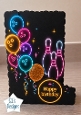 Neon Bowling Birthday Topper – Glow Party Pins & Balloons Card Front