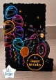 Neon Motorcycle & Helmet Balloons Birthday Topper – Biker Glow Card Front
