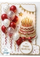 Elegant Red & Gold Birthday Cake Topper with Balloons & Confetti