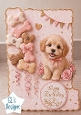 Cute Puppy & Pink Roses Birthday Topper – Gold Scalloped Card Front