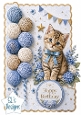 Blue Kitten & Flowers Birthday Topper – Gold Scalloped Card Front