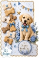 Blue Kitten & Flowers Birthday Topper – Gold Scalloped Card Front