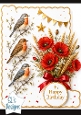 Birdsong & Red Poppy Birthday Card Front – Elegant Happy Birthday Topper