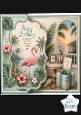 Tropical Flamingo Birthday Card Front – Exotic Flowers, Sunset Ocean View & Island Design