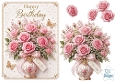 Pink Rose Vase Happy Birthday Card Topper