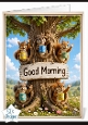 Cute Squirrels in Tree with Colorful Mugs Good Morning Topper